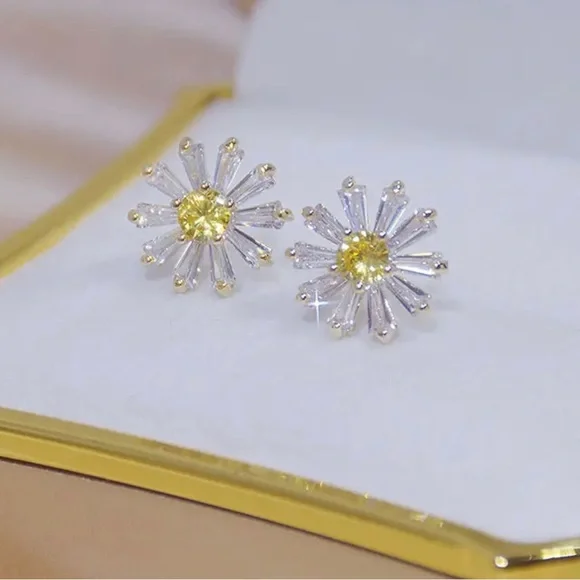 Yellow and White Round Crystal Sunflower 925 Sterling Overlay Earrings - Picture 6 of 7